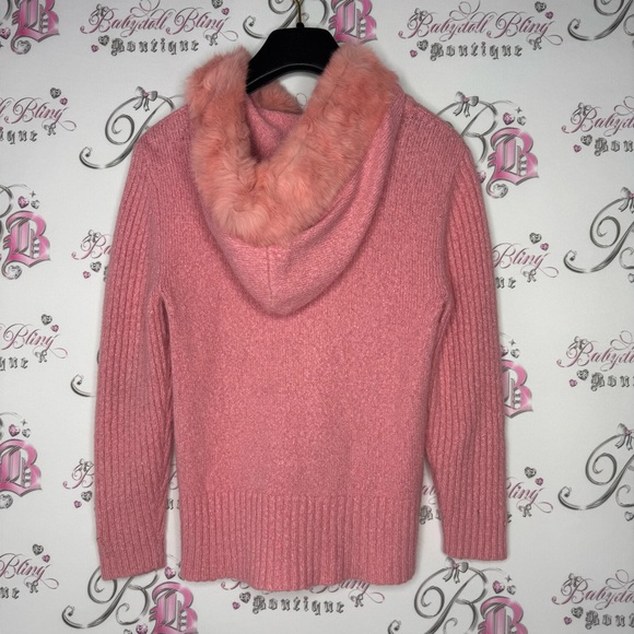 Bebe Pom Pom angora rabbit fur trim hood zip up sweater hoodie pink coral y2k - Picture 4 of 15